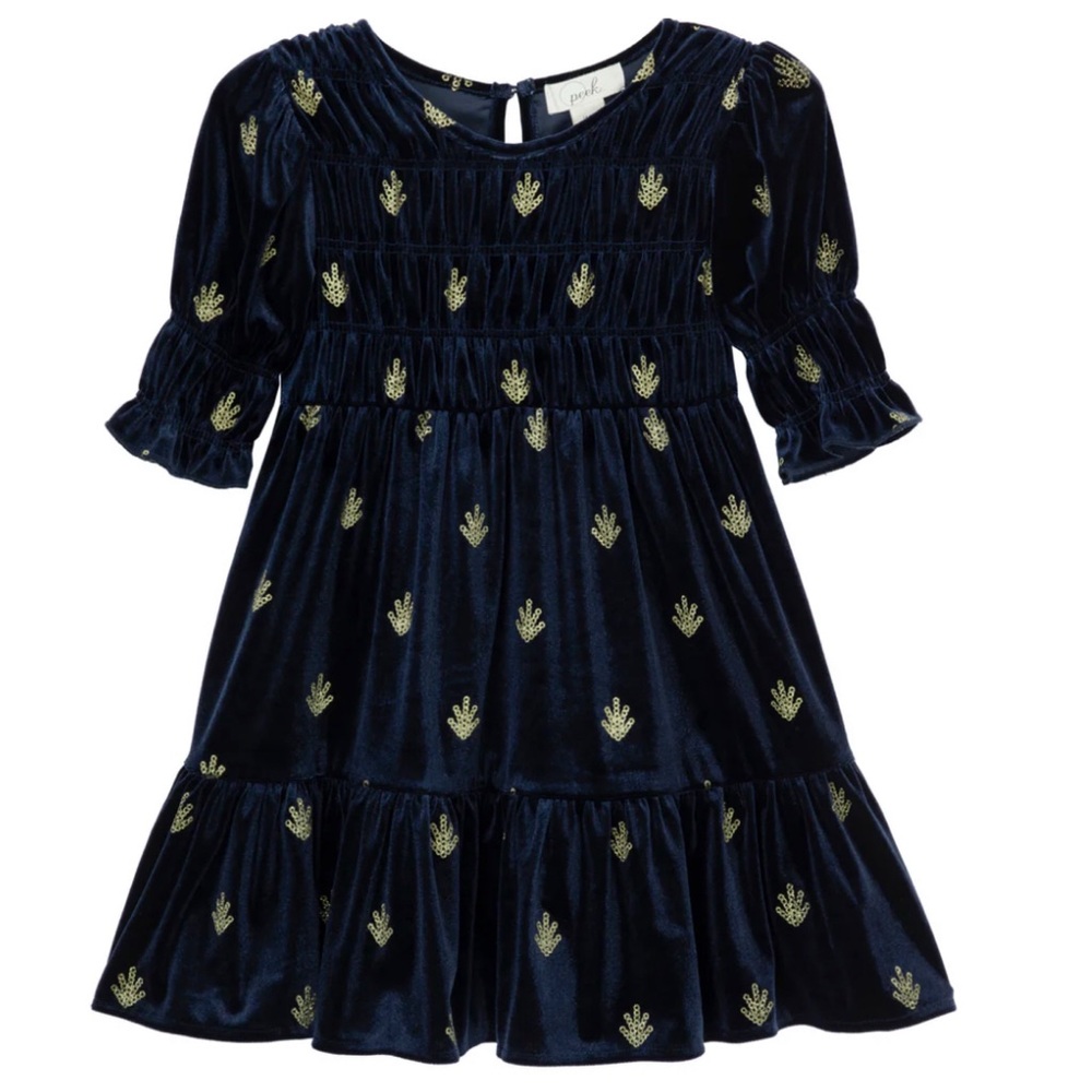 Peek Girls Dress Navy Blue Velvet Sequin Tree Print Metallic Gold Dress Size 3T